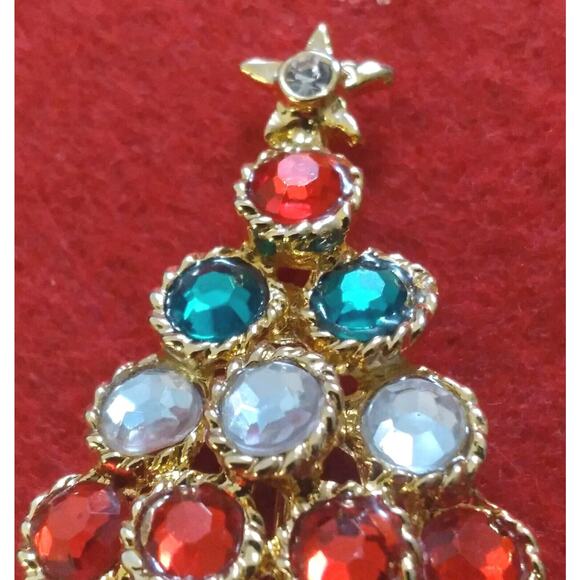 Vintage Brooch Christmas Tree Goldtone Rhinestones Facted Star Enamel Bow 2 In. - Picture 5 of 8